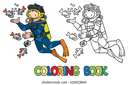 Funny oceanographer or diver. Coloring book