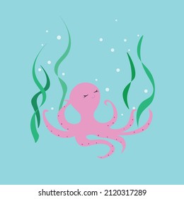 Funny octopus and algae. Octopus in the sea vector.