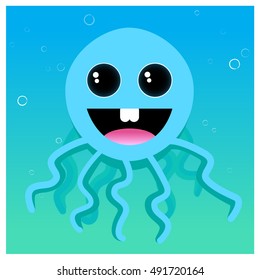 Funny octopus with big eyes on blue background with bubbles. White frame