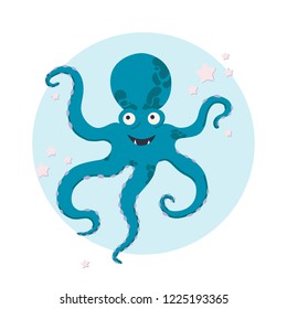 Funny Octopus, Blue Octopus, Little, Vector, Cartoon, For Children