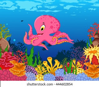 funny octopus cartoon with beauty sea life background