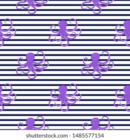 Funny octopus cartoon character. Seamless striped pattern for decoration nursery, design kids clothing, fabric, wrapping, textile, wallpaper.