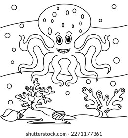 Funny octopus cartoon characters vector illustration. For kids coloring book.