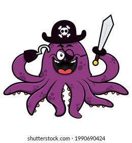 Funny Octopus cartoon characters wearing a pirates cap and mustache while holding a sword and hook, best for sticker, mascot, and decoration with pirates themes for kids