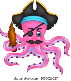 funny octopus cartoon posing with smile and holding wooden sword