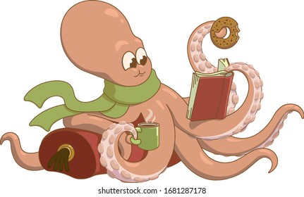 
funny octopus in cartoon style reads a book and drinks coffee. Vector illustration on a white background.