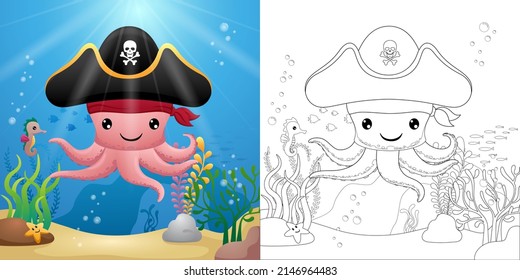 Funny octopus cartoon wearing pirate hat with seahorse and starfish underwater, coloring book or page