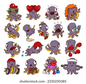 Funny octopus character in different everyday activities set. Cute sea creature shopping, doing sports, reading book, walking cartoon vector illustration