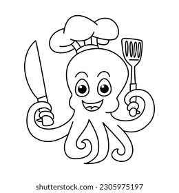Funny octopus chef cartoon characters vector illustration. For kids coloring book.