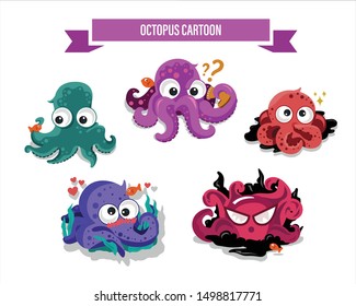 Funny Octopus & fish Cartoon with many emotion. This object can used to animal ornament. It will be fun.