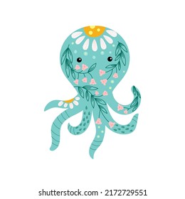 Funny octopus with floral pattern in pink and turquoise color isolated on white background. Vector Illustration. Cartoon illustration for kids clothes, greeting card or poster.  