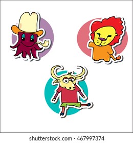 Funny octopus in hat and with Tobacco pipe. Dancing cow in doodle style. Little leon with hand up. Set of small wild beasts
