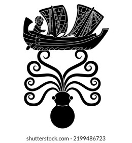 Funny octopus holding antique Carthaginian vessel on its tentacles. Creative concept. Black and white silhouette.