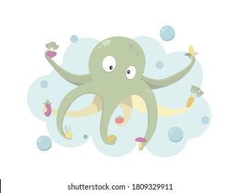Un pulpo gracioso que contiene verduras. Ingredientes de platillos de marisco. Concepto de alimentación saludable. Pueden usarse temas como acuario, cocina, caricatura