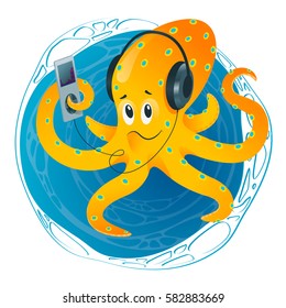 Funny octopus listens to the audio player. Sticker.