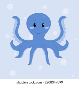 funny octopus in the ocean cartoon illustration. Vector illustration of a blue octopus with tentacles. Children's illustration