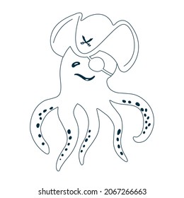Un curioso pulpo en un pirata coqueto sombrero y venda aislado en un fondo blanco. Mamífero marino en forma de pirata. Ilustración de vector dibujada a mano