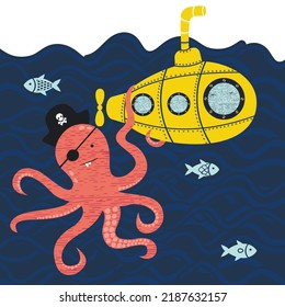 Funny Octopus Pirate In Sea 