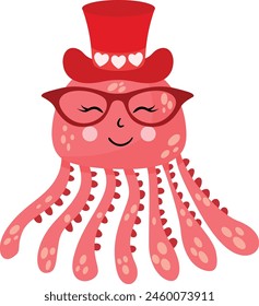 Pulpo divertido con sombrero rojo y gafas
