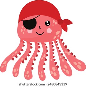 Funny octopus  with red scarf pirate and covered eye