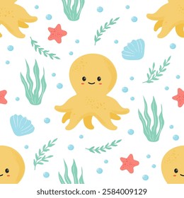 Funny octopus and seaweeds seamless pattern