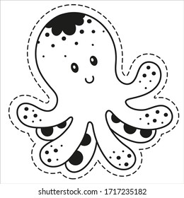 Funny octopus sticker. Cute children's character for use as a sticker, print, in the design of children's goods, office.The black outline image in Doodle style,  isolated on a white background.