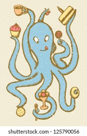 Funny octopus with sweets in his tentacles, vector illustration in vintage style