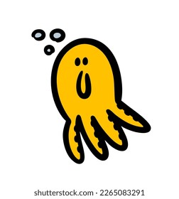 Funny octopus swims in the sea under water and releases air bubbles. Vector illustration of ocean animal with human face.