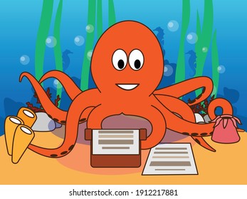 Funny Octopus and typewriter. Vector illustration.