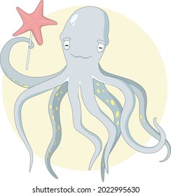 Funny octopus vector illustration. Cartoon octopus vector illustration. Octopus and a starfish vector illustration for children.