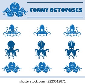 Funny octopuses. Characters for the logo. Vector images on a transparent background.