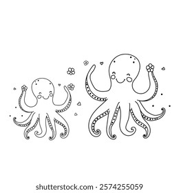 Funny octopuses fall in love. Vector illustration. Cute cartoon character. 