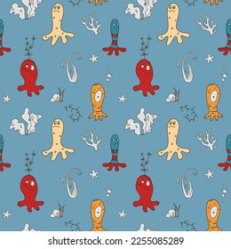 Funny octopuses in the ocean. Underwater world in cartoon style. Seamless nautical vector pattern.