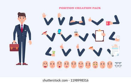 Funny office man, cartoon style. Parts body template for design work and animation. Vector illustration on light background. The businessman character set, costume animations.