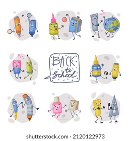 Funny Office Supplies Humanized Character with Ruler and Highlighter Having Fun Playing Ball and Holding Hand Vector Set