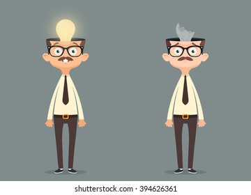 Gracioso trabajador de oficina con una lámpara rota e ininterrumpida dentro de su cabeza. Ilustración vectorial