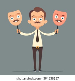 Funny Office Worker Choosing Emotions: Kind or Angry. Vector Illustration
