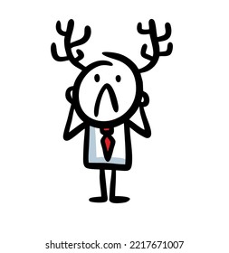 Funny office worker in costume and tie with horns on the head. Poor man vector illustration.