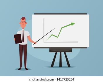 Funny Office Worker Giving a Presentation (Success). Cartoon Style. Vector Illustration