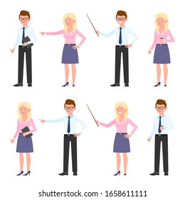 Funny office worker guy and lady vector illustration. Pointing finger, holding wooden wand, standing with coffee, writing notes eyeglasses man and blonde woman cartoon character set