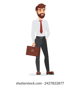 Funny office worker holding briefcase, man with beard walking vector illustration