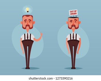 Funny Office Worker With Idea and Sign "Out of Order" Inside His Head. Cartoon Style. Vector Illustration
