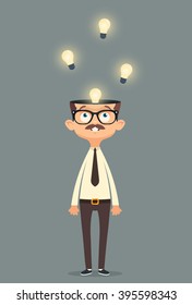 Funny Office Worker with a Lot of Ideas Inside His Head. Vector Illustration