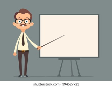 Funny Office Worker Making a Presentation. Vector Illustration
