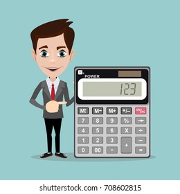 Funny office worker man - Accountant or manager shows the calculator to work on the white background for use in presentations. Stock Vector illustration