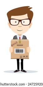 Funny office worker man with boxes on the white background  for use in presentations, etc- Stock Vector illustration
