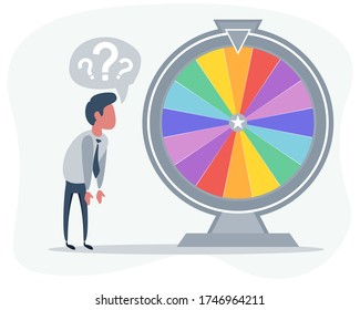 Funny Office Worker Standing Near the Wheel of Business Fortune. Vector Illustration