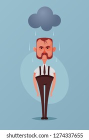 Funny Office Worker Standing Under the Rainy Cloud. Cartoon Style. Vector Illustration