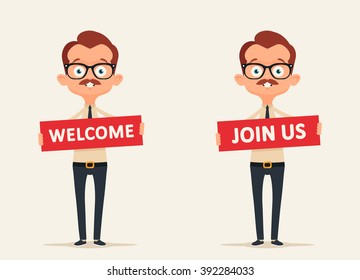 Funny Office Workers Holding Big "Welcome" and "Join US" Signs. Vector Set