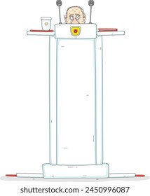 Witziger Funktionär auf einem hohen weißen Podium, der seine sehr wichtige Rede bei einem Treffen oder einer Pressekonferenz hält, Vektorgrafik-Cartoon-Illustration auf weißem Hintergrund